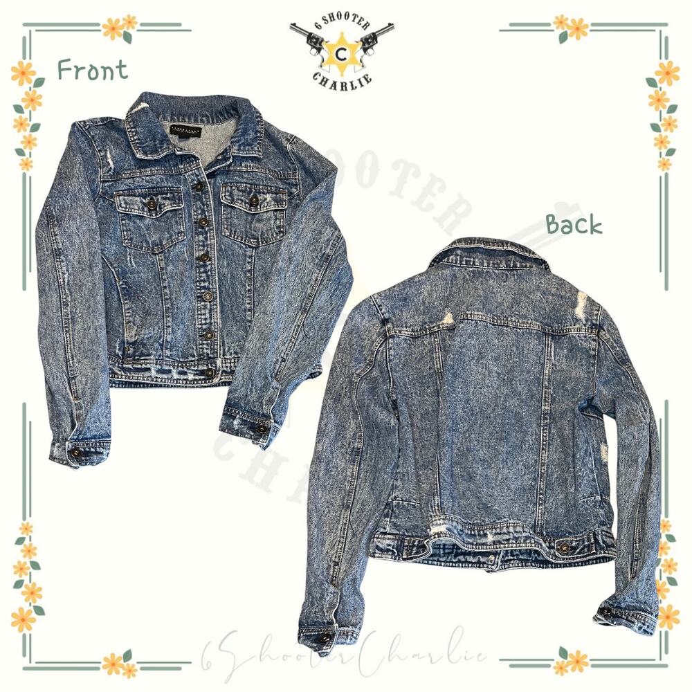 Tinseltown Distressed Denim Jean Jacket Size Large Medium Wash Front Pockets